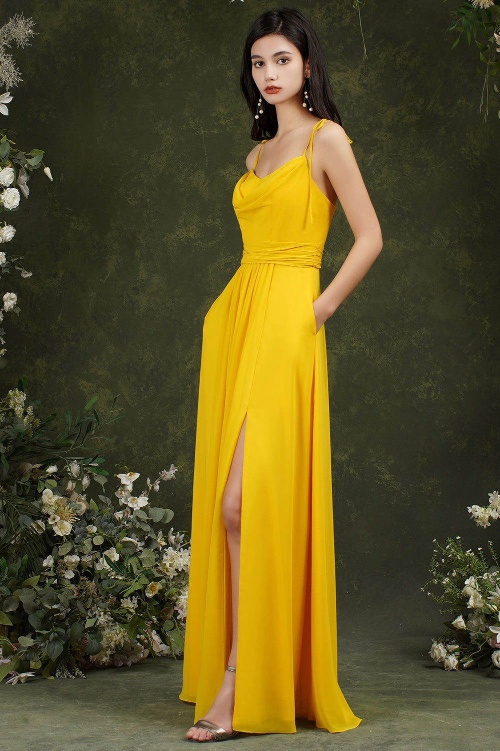 Spaghetti-Straps Bridesmaid Dresses Chiffon With Slit