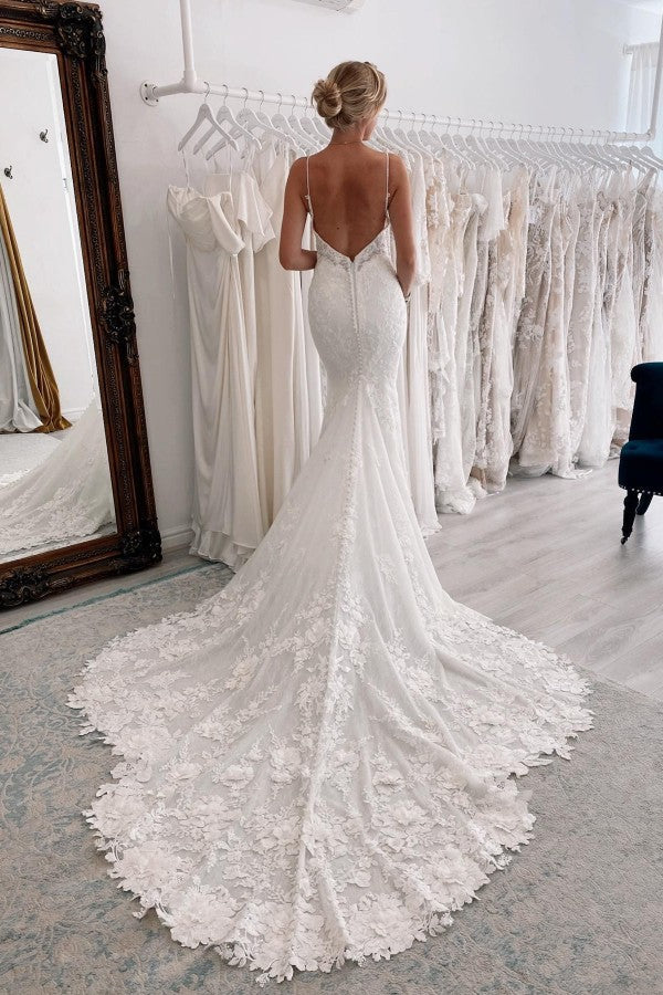 Spaghetti-Straps V-Neck Mermaid Wedding Dress Sleeveless Lace Appliques