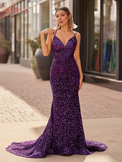 Sevoba|Sparkly Blue Mermaid Sequins Long Backless Prom Dress