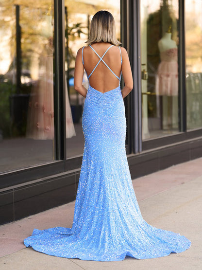 Sevoba|Sparkly Blue Mermaid Sequins Long Backless Prom Dress