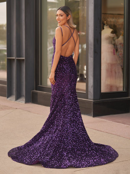 Sevoba|Sparkly Blue Mermaid Sequins Long Backless Prom Dress