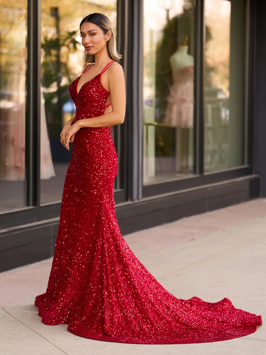 Sevoba|Sparkly Blue Mermaid Sequins Long Backless Prom Dress