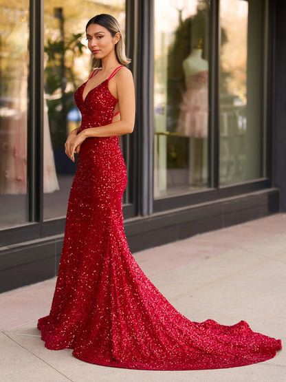 Sevoba|Sparkly Blue Mermaid Sequins Long Backless Prom Dress