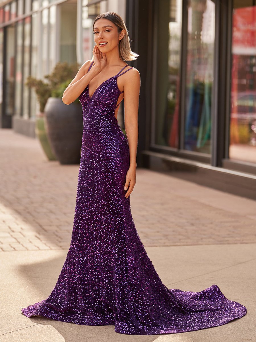 Sevoba|Sparkly Blue Mermaid Sequins Long Backless Prom Dress