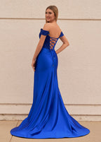 Raelyn |Mermaid Off the Shoulder Satin Prom Dress with Slit