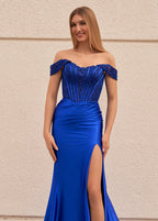 Raelyn |Mermaid Off the Shoulder Satin Prom Dress with Slit