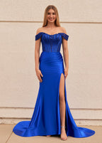 Raelyn |Mermaid Off the Shoulder Satin Prom Dress with Slit