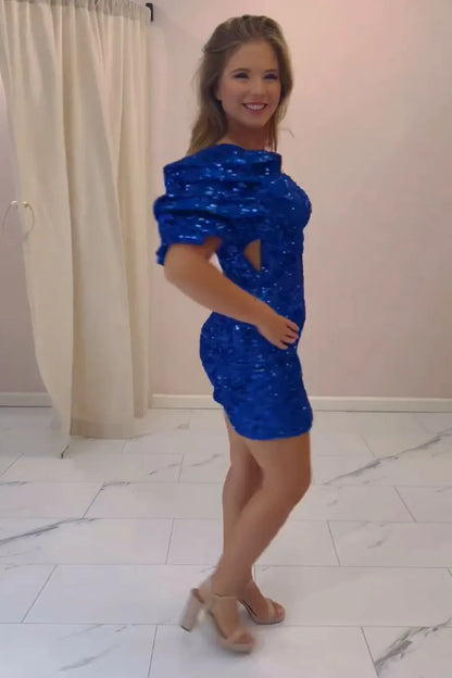 Sparkly Royal Blue One Shoulder Sequins Bodycon Short Homecoming Dress