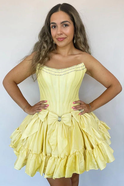 Strapless Black Beaded Short Homecoming Dress with Bow