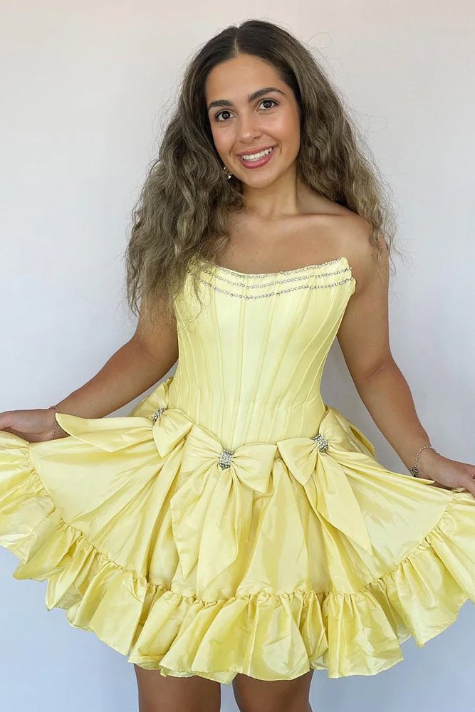 Strapless Black Beaded Short Homecoming Dress with Bow