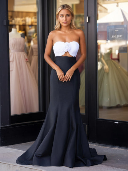Sevoba|Strapless White and Black Ruched Mermaid Prom Dress
