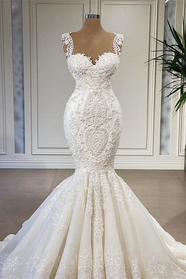 Straps Lace Wedding Dress Mermaid Sleeveless