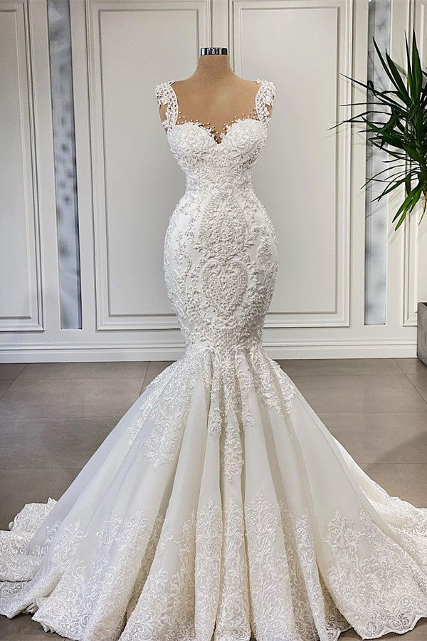 Straps Lace Wedding Dress Mermaid Sleeveless