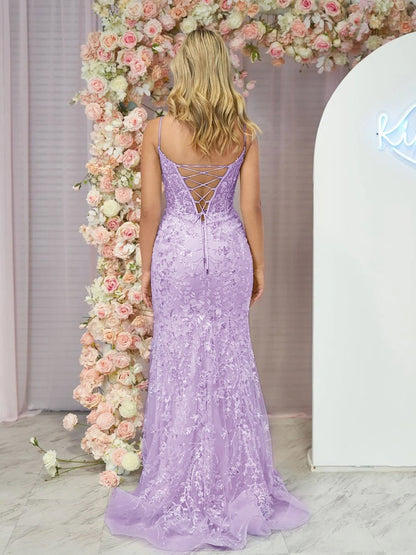 Margaret | Straps Light Blue V-Neck Sequin Appliques Mermaid Prom Dress