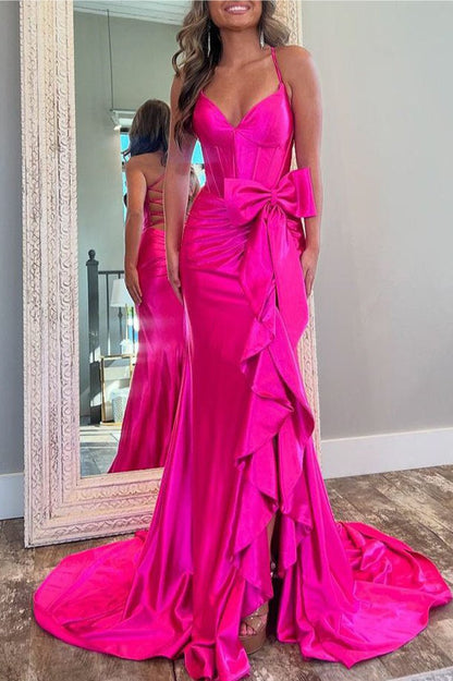 Jianna | Straps V-Neck Satin Mermaid Prom Dress with Bow