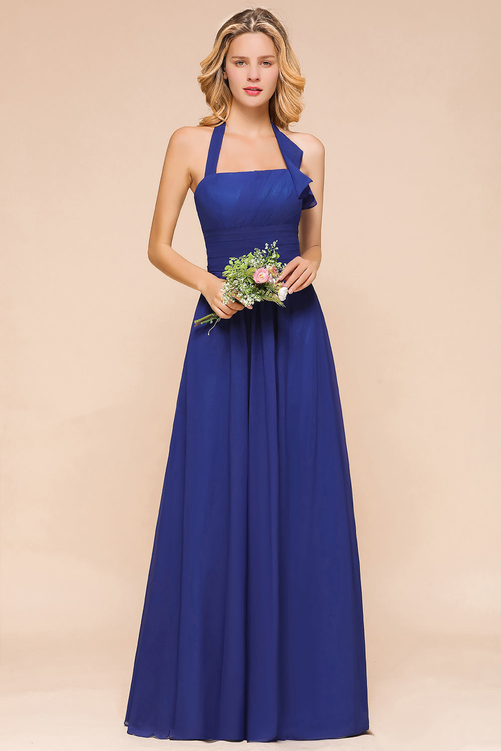 Stylish Halter Backless Royal Blue Bridesmaid Dresses Affordable with Ruffle