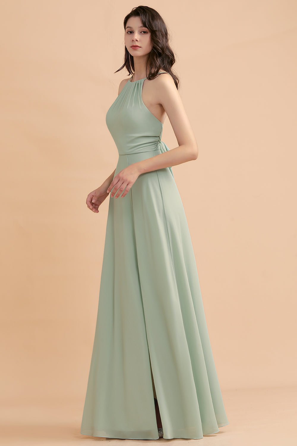 Stylish Jewel Sleeveless Dusty Sage Chiffon Bridesmaid Dresses with Ruffles