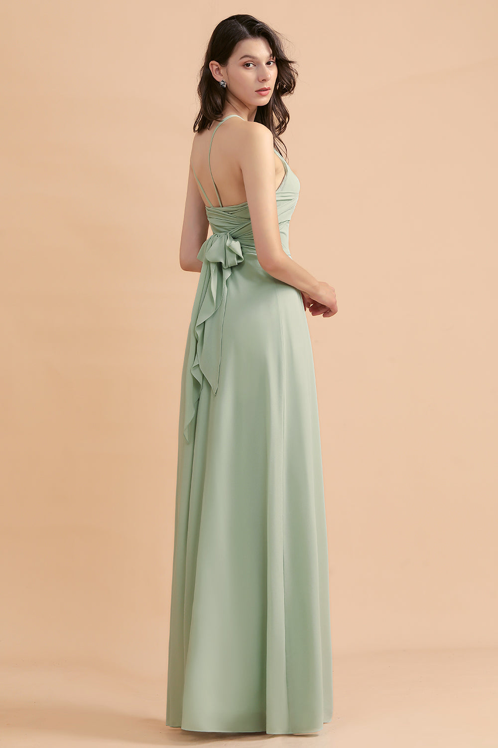 Stylish Jewel Sleeveless Dusty Sage Chiffon Bridesmaid Dresses with Ruffles