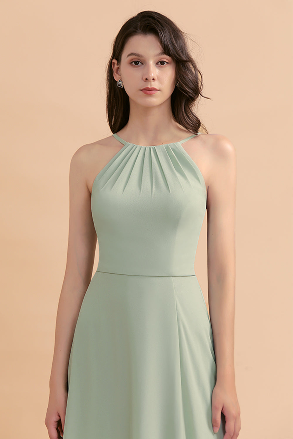 Stylish Jewel Sleeveless Dusty Sage Chiffon Bridesmaid Dresses with Ruffles