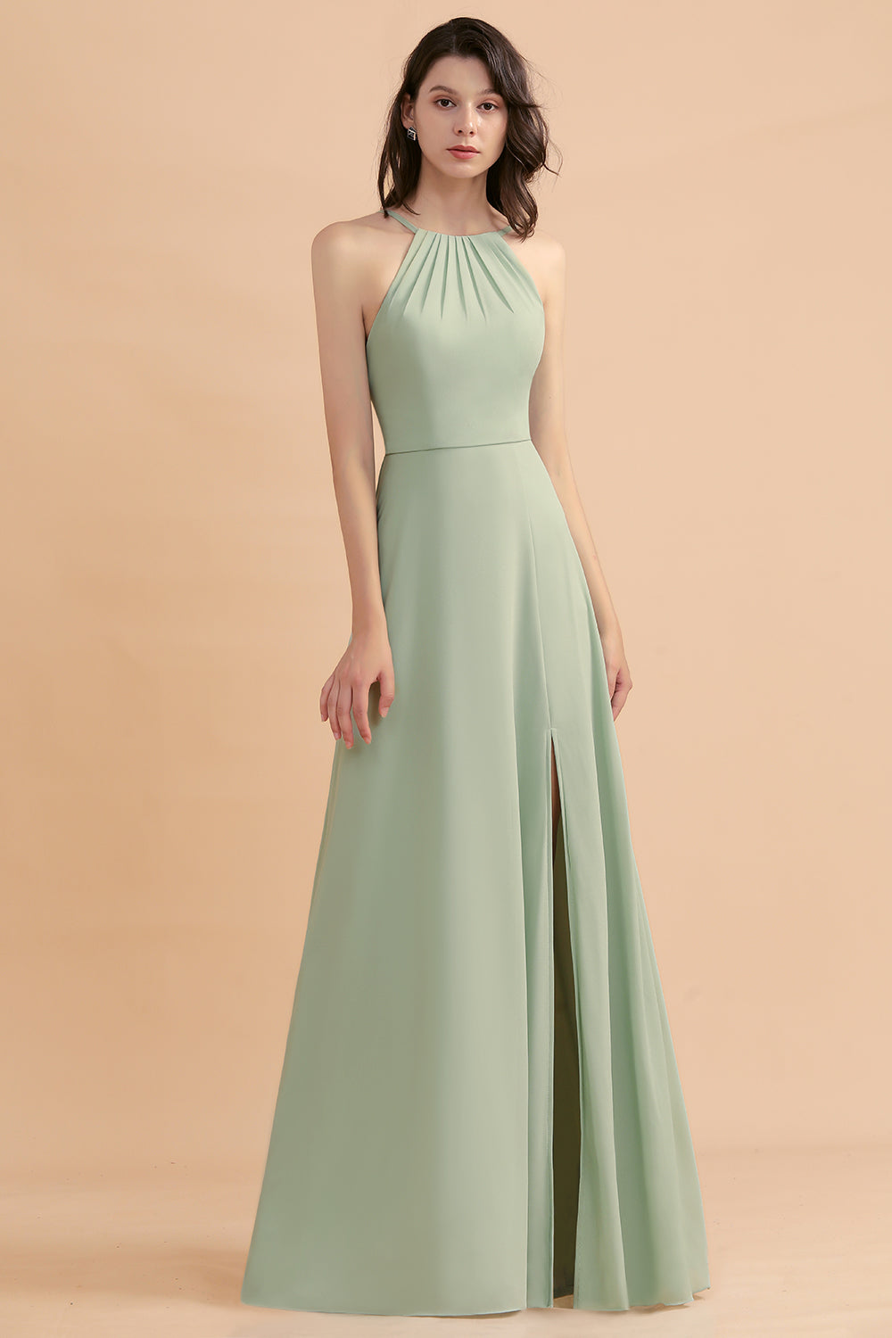 Stylish Jewel Sleeveless Dusty Sage Chiffon Bridesmaid Dresses with Ruffles