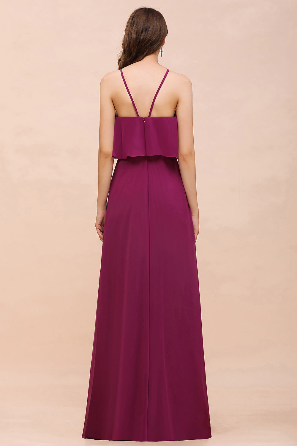 Stylish Spaghetti Straps Mulberry Chiffon Bridesmaid Dresses with Ruffles