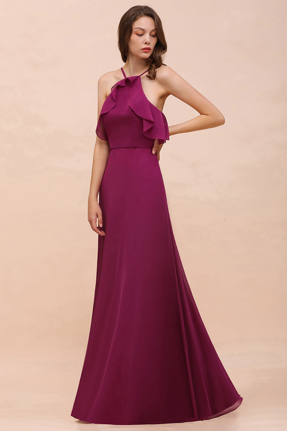 Stylish Spaghetti Straps Mulberry Chiffon Bridesmaid Dresses with Ruffles