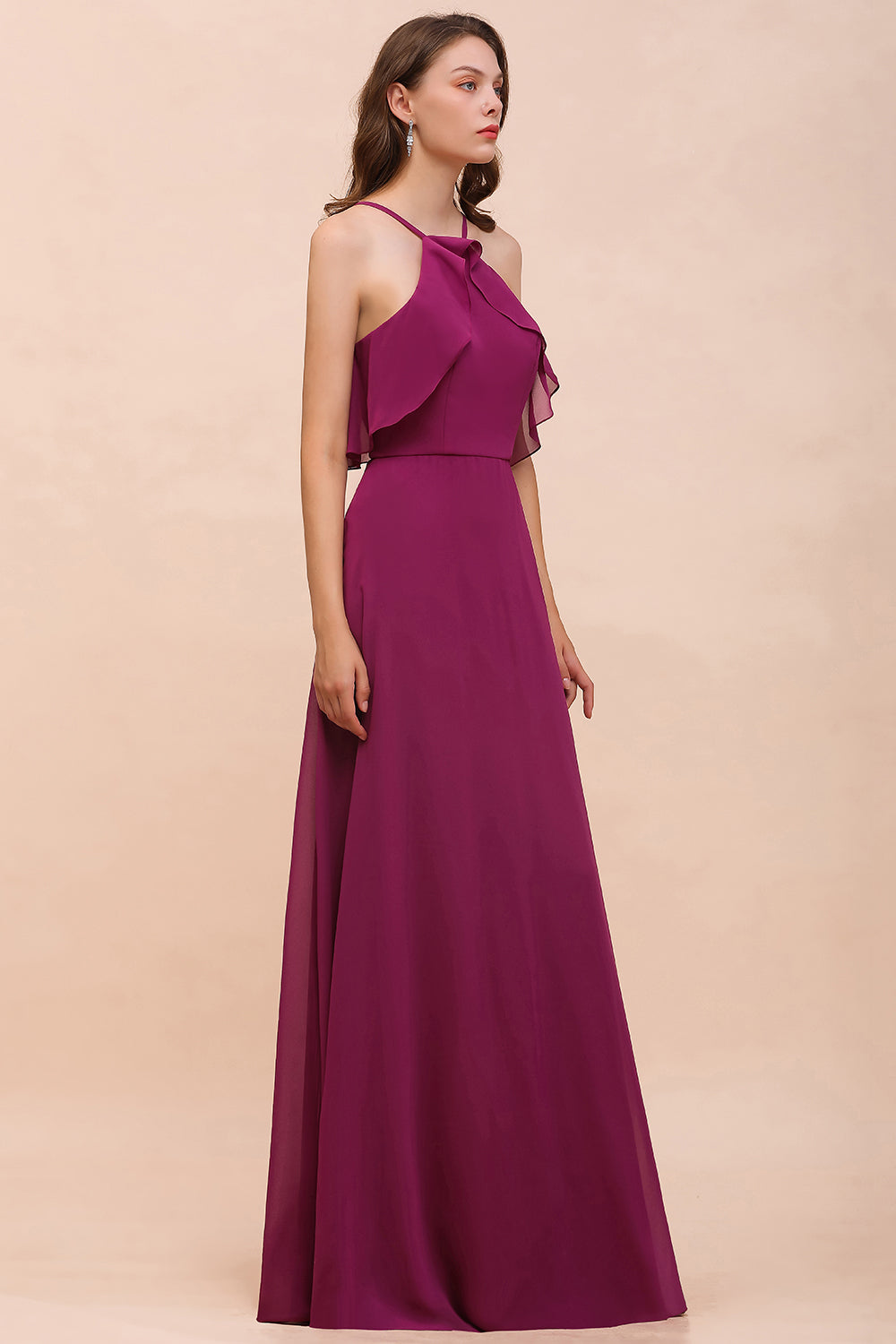 Stylish Spaghetti Straps Mulberry Chiffon Bridesmaid Dresses with Ruffles