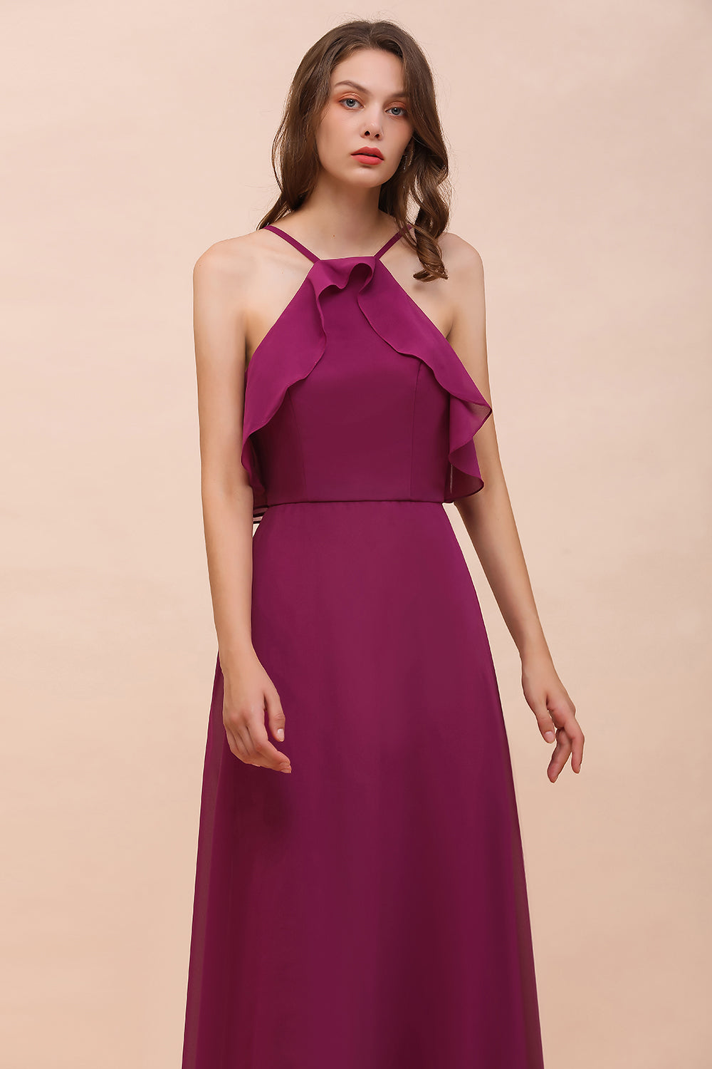 Stylish Spaghetti Straps Mulberry Chiffon Bridesmaid Dresses with Ruffles