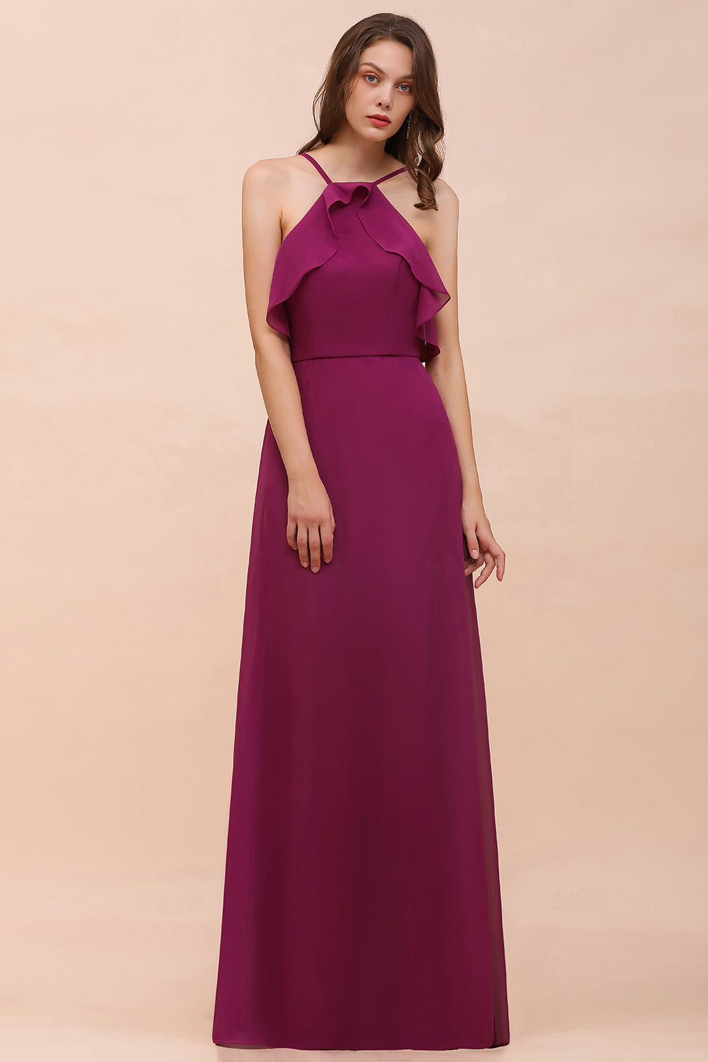 Stylish Spaghetti Straps Mulberry Chiffon Bridesmaid Dresses with Ruffles