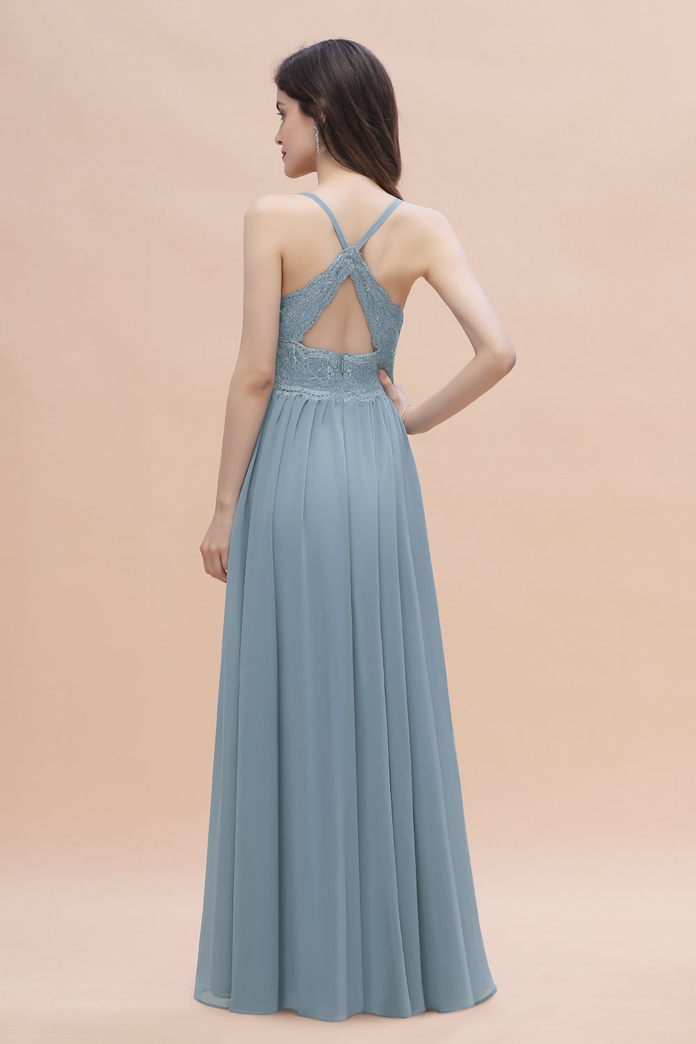 Stylish Straps V-Neck Chiffon Lace Dusty Blue Bridesmaid Dresses On Sale