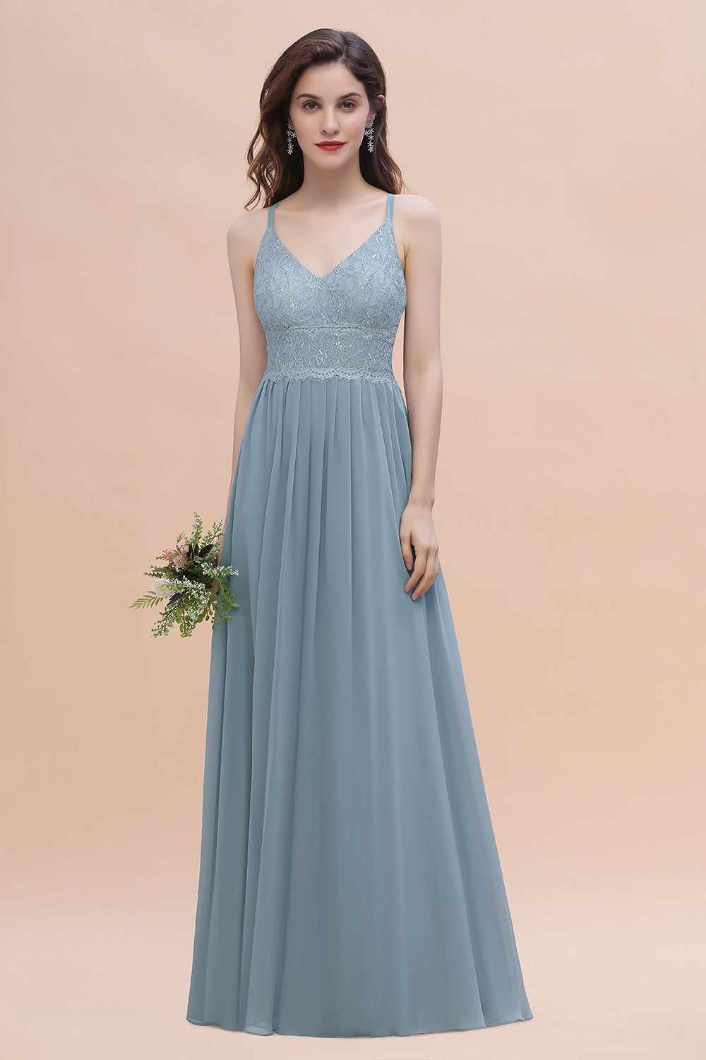 Stylish Straps V-Neck Chiffon Lace Dusty Blue Bridesmaid Dresses On Sale