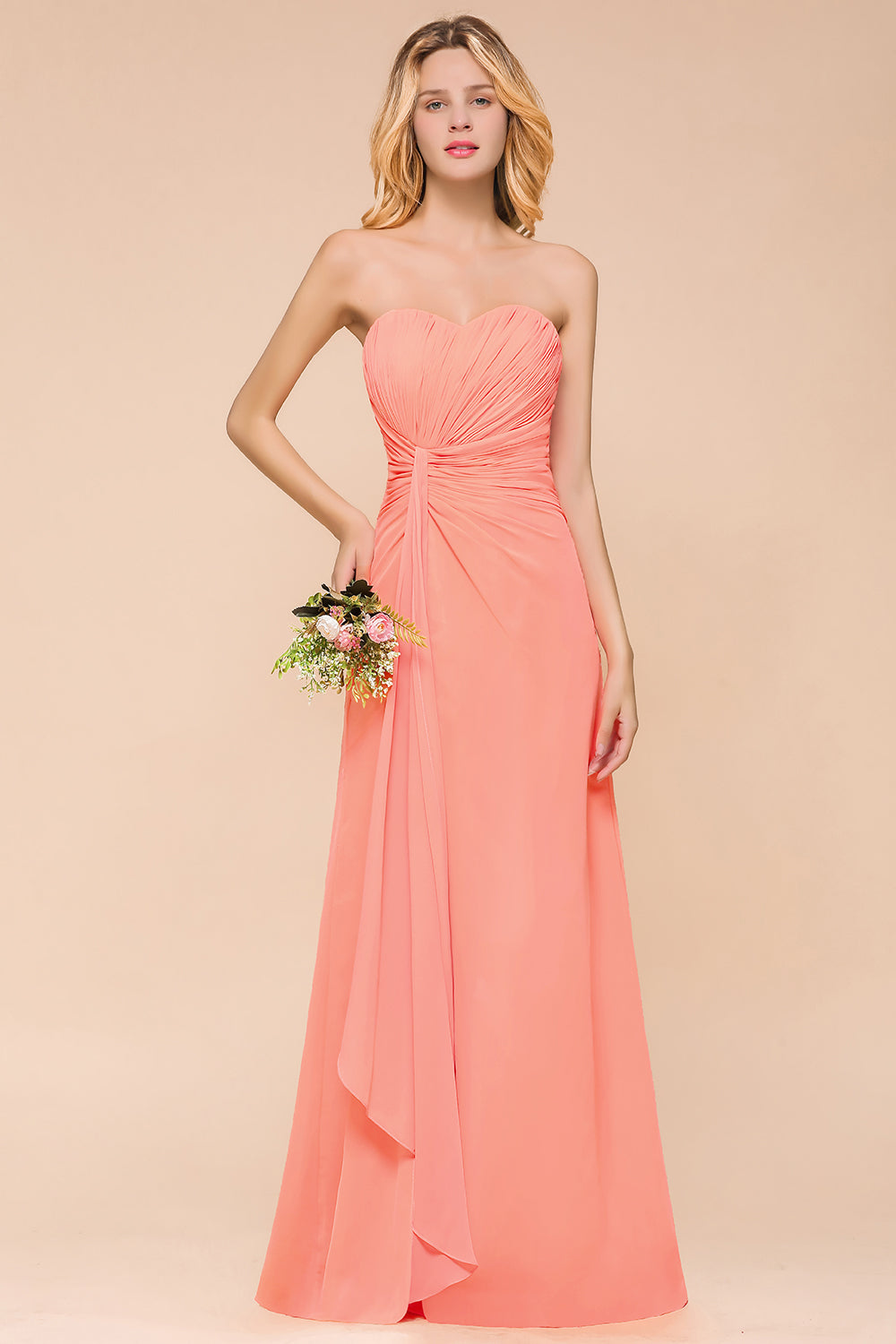 Stylish Sweetheart Ruffle Affordable Coral Chiffon Bridesmaid dresses