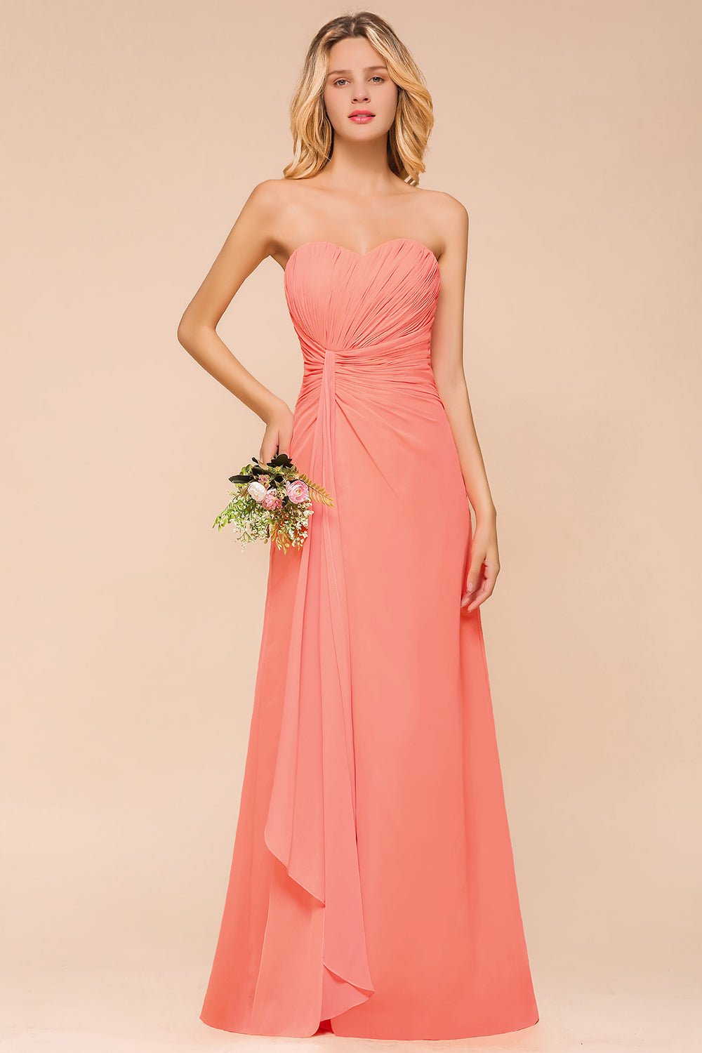 Stylish Sweetheart Ruffle Affordable Coral Chiffon Bridesmaid dresses