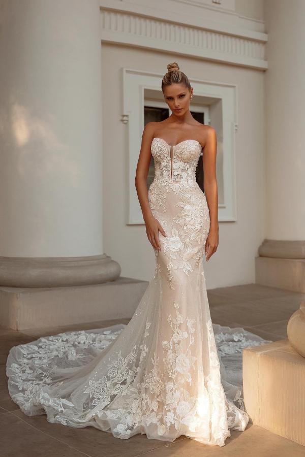 Sweetheart Champagne Wedding Dress Mermaid Long With Appliques