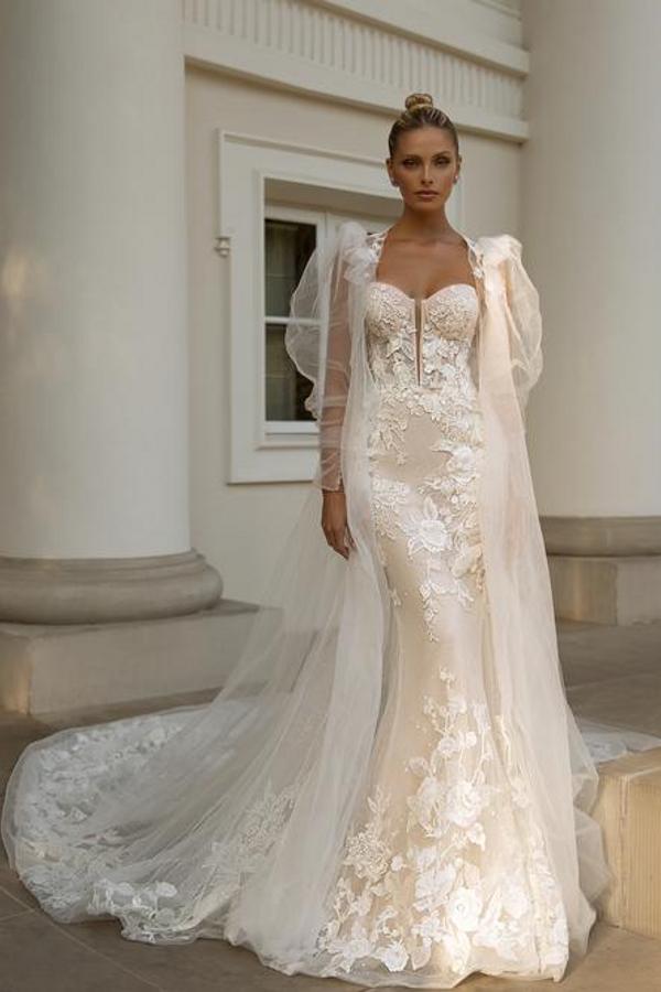 Sweetheart Champagne Wedding Dress Mermaid Long With Appliques