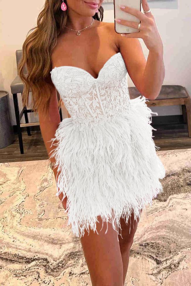 Sevoba|Sheath Sweetheart Lace Feather Skirt Homecoming Dress