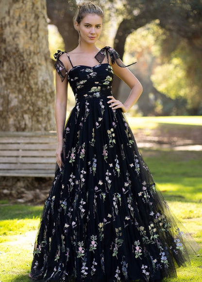 Sevoba|Sweetheart Neck Floor Length Tulle Embroidery Floral Prom Dress