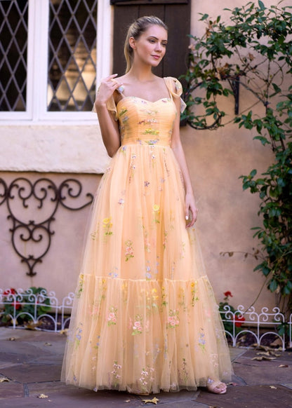 Sevoba|Sweetheart Neck Floor Length Tulle Embroidery Floral Prom Dress
