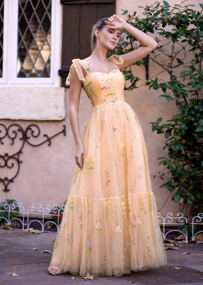 Sevoba|Sweetheart Neck Floor Length Tulle Embroidery Floral Prom Dress