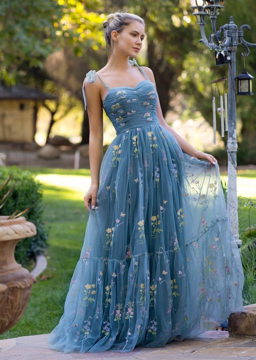Sevoba|Sweetheart Neck Floor Length Tulle Embroidery Floral Prom Dress