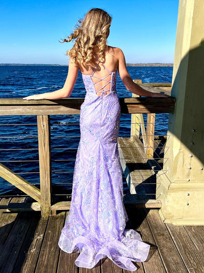 Sylvia | Mermaid Spagehtti Straps Lilac Lace Sequin Long Prom Dresses