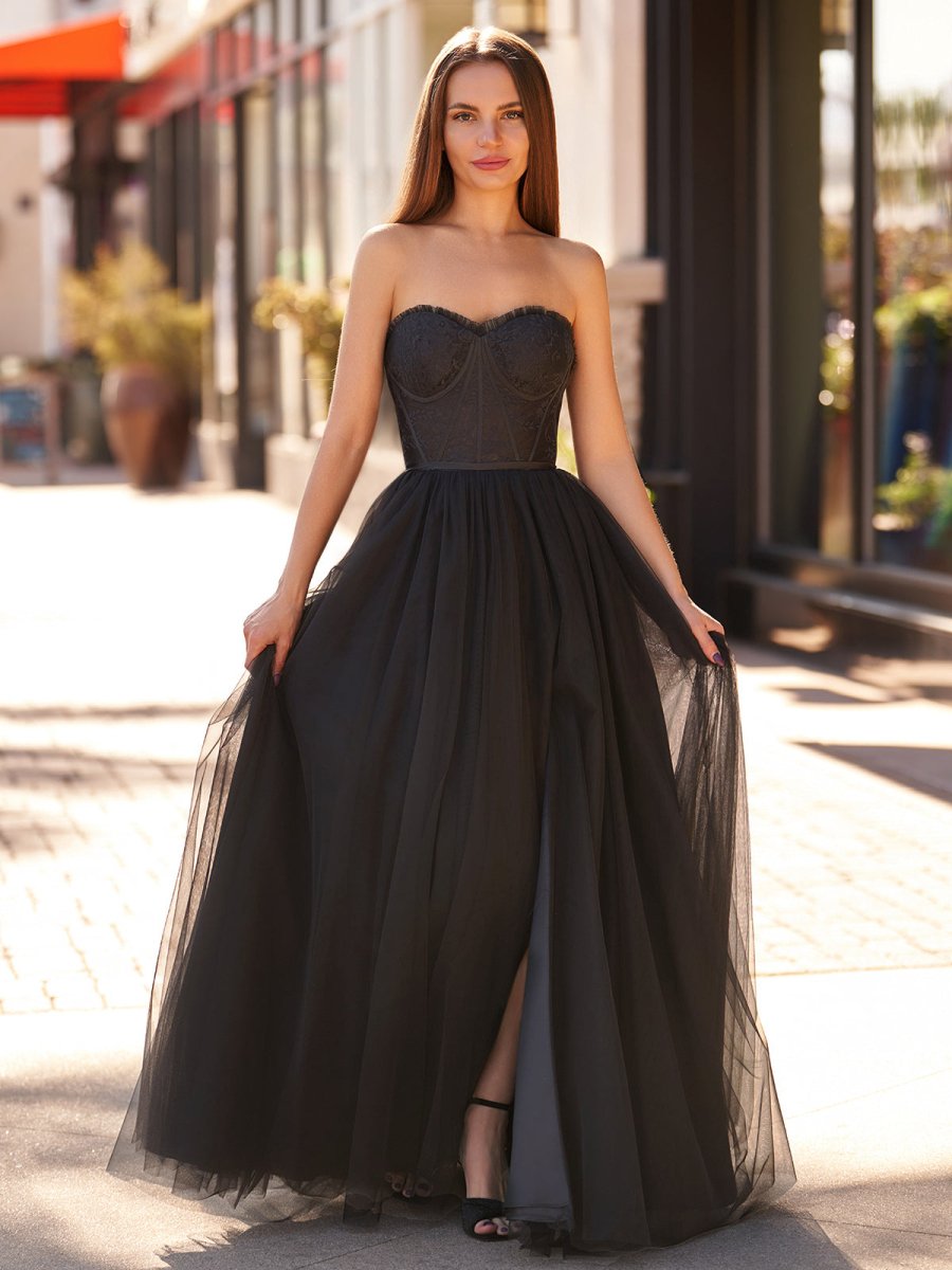 Sevoba|A Line Sweetheart Corset Tulle Prom Dress with Slit