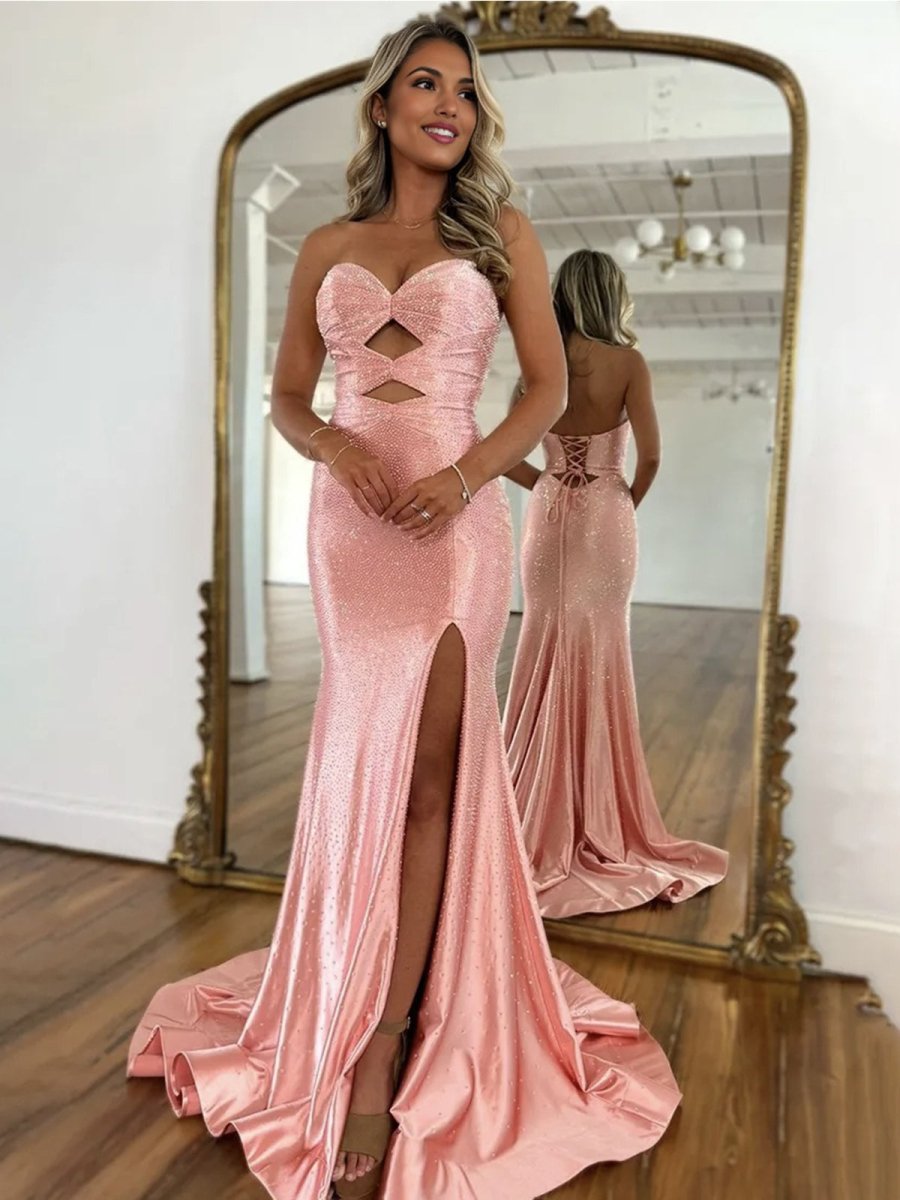 Sevoba | Glitter Mermaid Yellow Sweetheart Cut-out Long Prom Dress with Beading