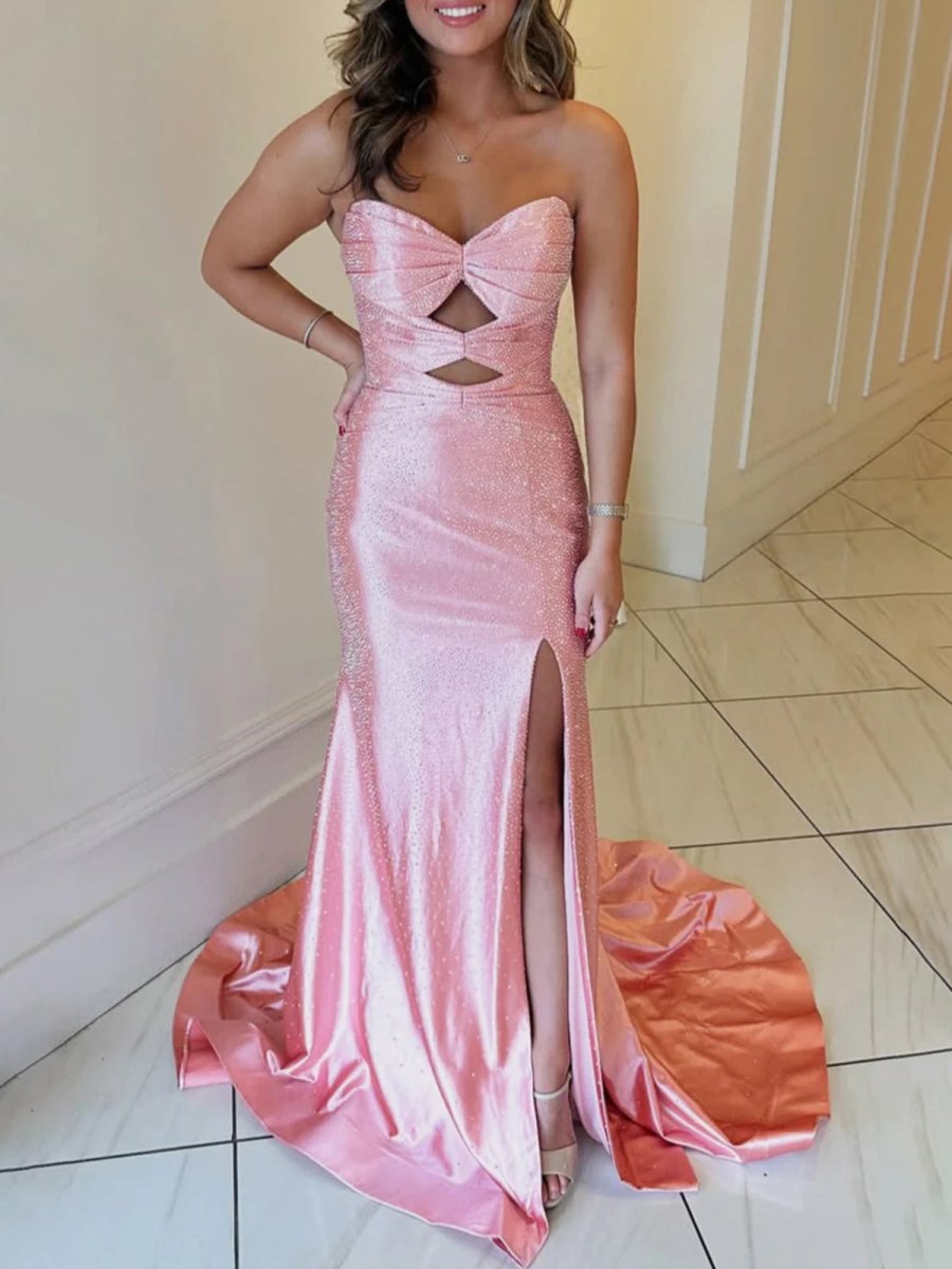 Sevoba | Glitter Mermaid Yellow Sweetheart Cut-out Long Prom Dress with Beading