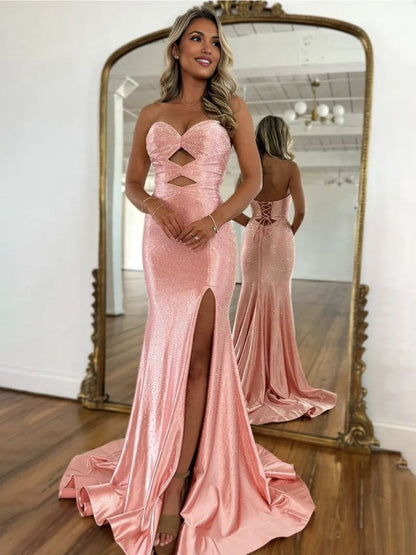 Sevoba | Glitter Mermaid Yellow Sweetheart Cut-out Long Prom Dress with Beading