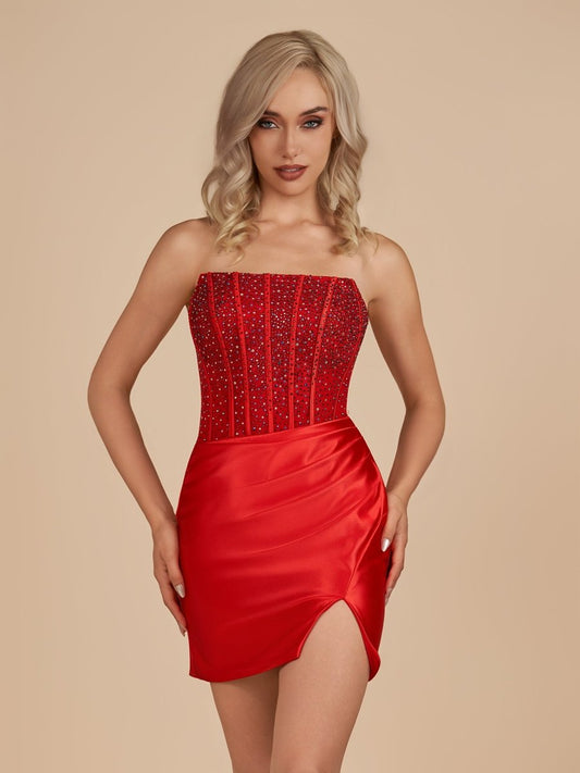 Sevoba|Red - Scoop Neck Satin Short Homecoming Dresses With Beadings