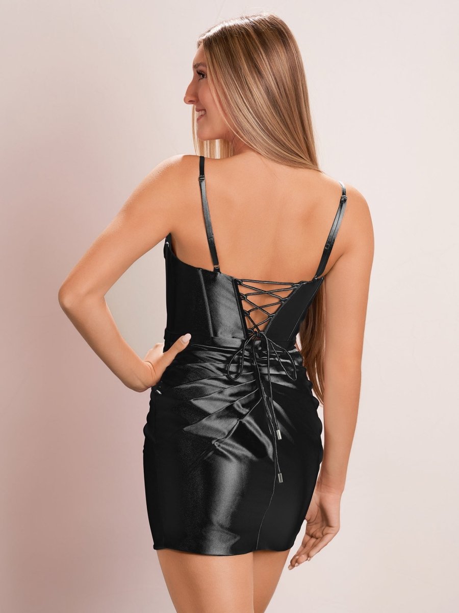 Sevoba|Pleated V-neck Spaghetti Straps Sheath Short Homecoming Dresses
