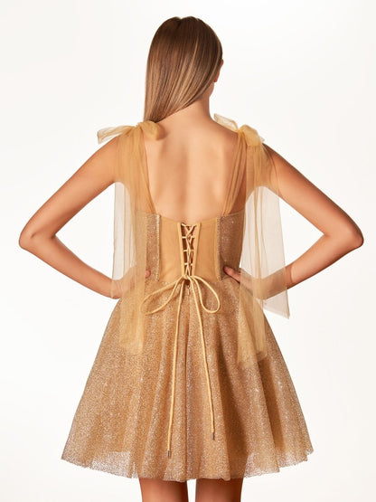 Jessalyn | Tie Shoulder White Spraying A-Line Short Party Dress