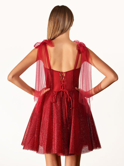 Jessalyn | Tie Shoulder White Spraying A-Line Short Party Dress