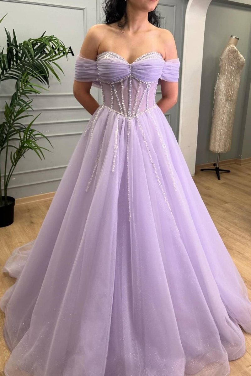 Tiffany | Lavender Beaded A-Line Tulle Prom Dress with Off Shoulder